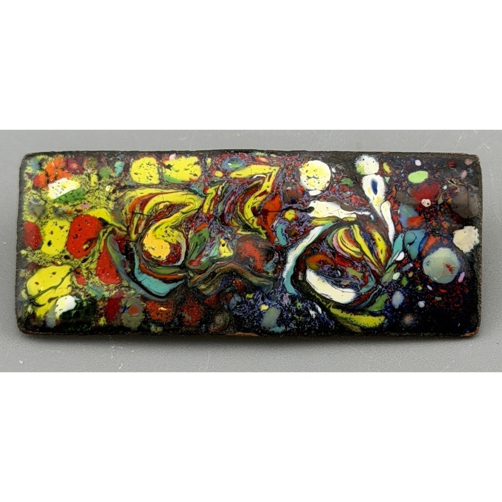 Vintage Copper Brooch Abstract Modernist Enamel Rectangular Palette Signed 2"